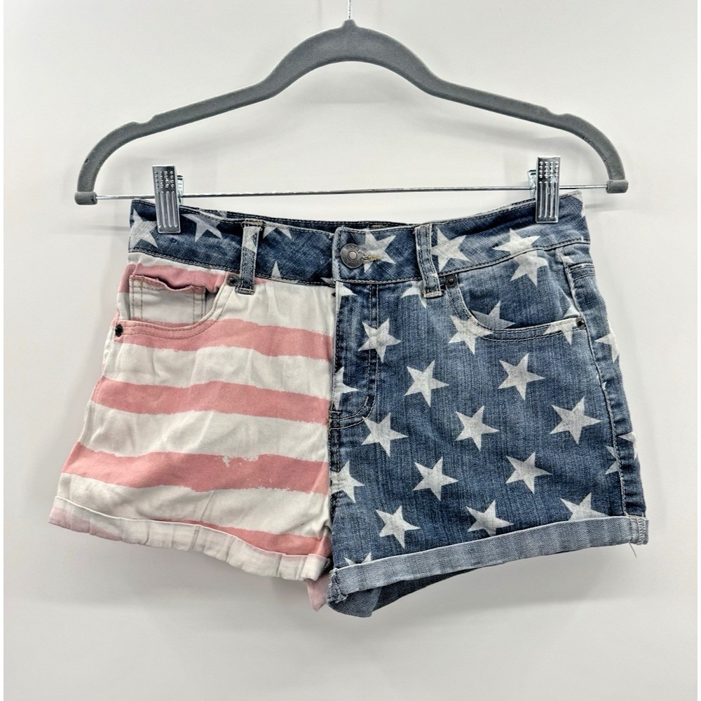 VTG Y2K Size 4 Denim Jean Shorts Roll Cuff America 250 Flag USA Stars Stripes